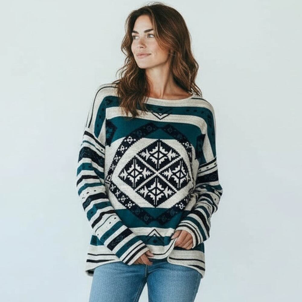 Natural Reflections Women's Large Colorful Geometric Boho Knit Pullover Sweater